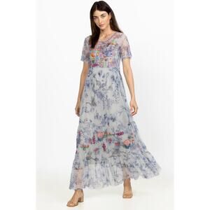 Johnny Was Biya Logan Tiered Mesh Maxi Dress Embroidered Boho Sheer Size S